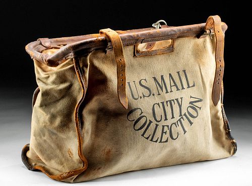 20th C. American U.S. Canvas & Leather Mail Bag
