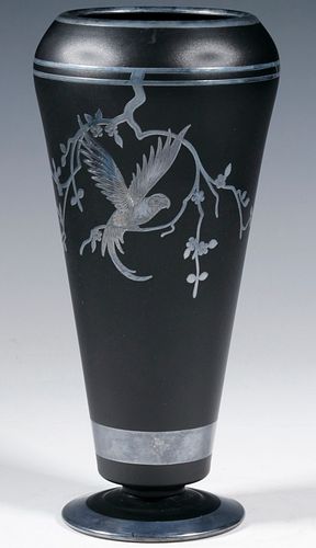 ART DECO BLACK GLASS VASE WITH SILVER OVERLAY