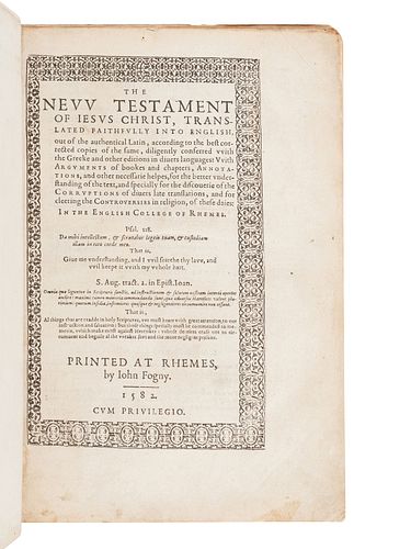 [BIBLE, in English]. The New Testament of Jesus Christ, translated faithfully into English. Translated from Latin into English by Gregory Martin, unde