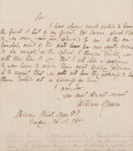 GODWIN, William (1756-1836). Autograph Letter Signed ("William Godwin"), to an unnamed recipient. Skinner Street, Snow Hill, 31 October 1817.