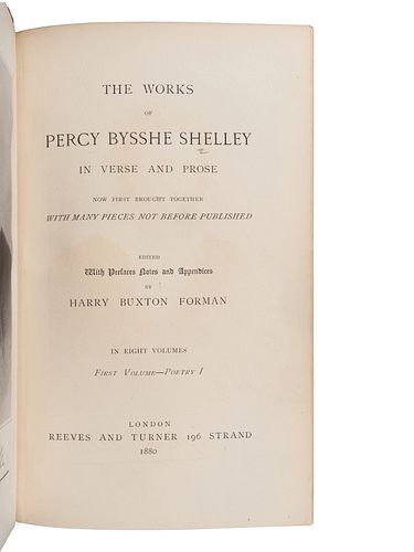 [BINDINGS]. SHELLEY, Percy Bysshe (1792-1822). "“ FORMAN, Harry Buxton, editor. Works. London: Reeves and Turner, 1880.