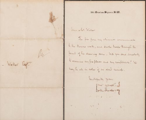 THACKERAY, William Makepeace (1811-1863). Autograph letter signed ("Wm Thackeray"), to Mr. Walker, Esq. 36 Onslow Square, n.d.