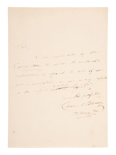 RODNEY, Caesar Augustus (1772-1824). Autograph letter signed ("Caesar A. Rodney"), as United States Minister to Argentina, to an unnamed recipient. [