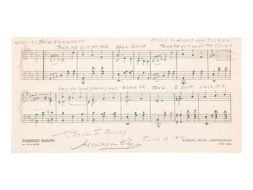 VON TILZER, Albert (1878-1956). Autograph musical quotation signed ("Albert Von Tilzer"), to James J. Rooney. 18 June 1941.