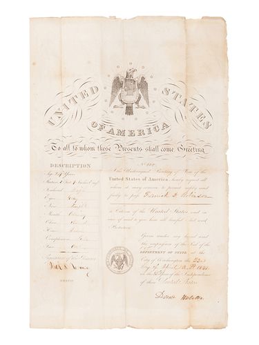 WEBSTER, Daniel (1782-1852). Engraved document signed as Secretary of State ("Danl Webster"), countersigned by the recipient, 23 April 1841.