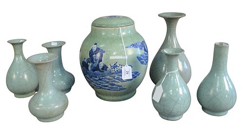 Seven Piece Group to include a Chinese celadon crackle glaze lidded jar having blue figures in a landscape, unmarked; along with six Chinese celadon c