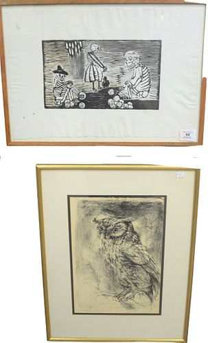 Two Piece Group, to include one etching by Nicholas de Jesus, signed faintly lower right, along with a lithograph of an owl, signed lower right Barry 