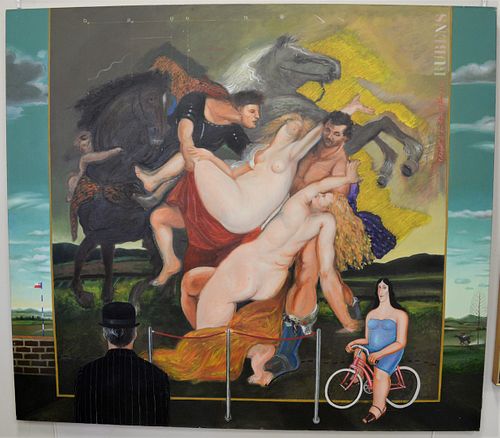 Gonzalo Cienfuegos (Mexican, b. 1949), El Rapto de las Hijas de Leucipo, 1983, oil on canvas, signed and dated "G. Cienfuegos", 55" x 63".