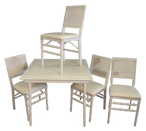 Stakmore Company Folding Card Table, along with four folding chairs, all with faux bamboo, height 29 inches, top 34 1/2" x 34 1/2".