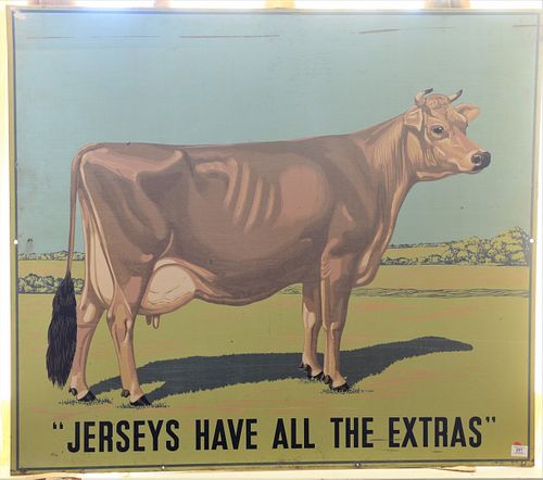 American Silk Screened Metal Dairy Cow Advertising Sign, circa 1925, height 42 inches, width 4 feet.