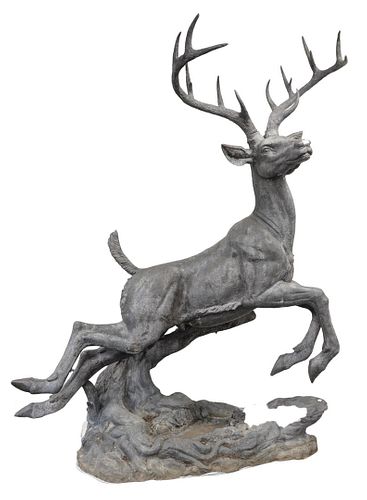 Large Bronze Deer Fountain in the form of a leaping stag or elk over stream fountain base, height 9' 1", length 7' 3", depth approximately 45".