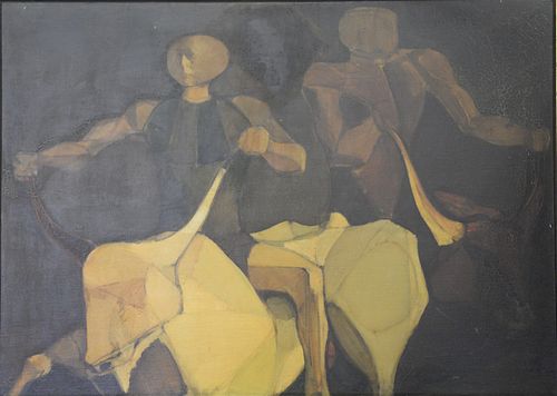 Leonardo Cremonini (Italina, 1926-2010), The Bull Tamers, 1951, oil on canvas, unsigned, 39 1/2" x 55".