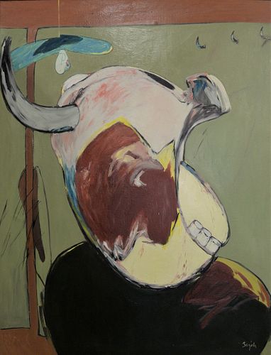 Juan Barjola (Spanish, 1919-2004), Cabeza de Toro, 1983, oil on canvas, signed lower right "Barjola", 43 3/8" x 33 1/2".