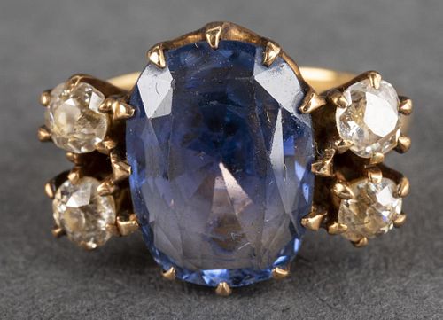 Edwardian 18K Yellow Gold Diamond & Sapphire Ring