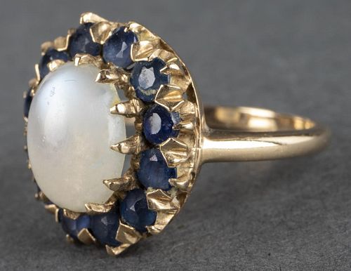 Antique 10K Yellow Gold Moonstone & Sapphire Ring