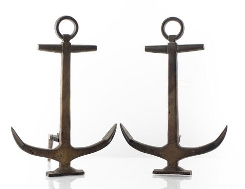 Cast Iron Nautical Anchor Motif Andirons, Pair