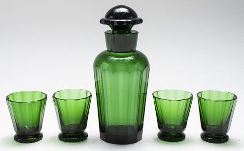 Green Glass Decanter & Cordial Set, 5 Pieces
