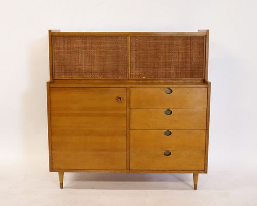 Midcentury Blonde Wood Cabinet With Caned Doors