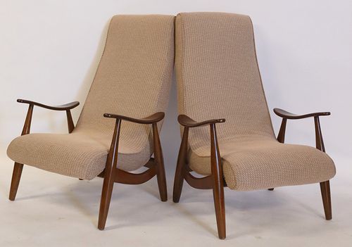 Midcentury Pair Of Upholstered High Back Arm Chair