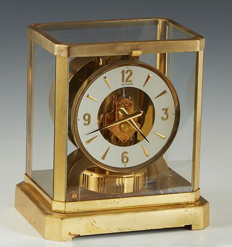 Jaeger Lecoultre Atmos Brass and Glass Mantel Clock, Ser. # 258797, 1960-1980, H.- 9 1/4 in., W.- 8 1/4 in., D.- 6 1/4 in.