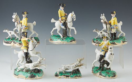 Six Piece German Mounted Hunt Party Porcelain Figural Groups, c. 1960, by Frankenthal, reproductions of the original 1770 porcelain figurines, made by
