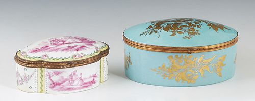 Two French Porcelain Ormolu Mounted Hand Painted Dresser Boxes, 20th c., one of domed cartouche form, the lid with a violet decoration of a couple in 