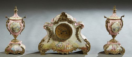 Three Piece French Ormolu Mounted China Clock Set, late 19th c., the time and strike Japy Freres clock with transfer decoration, marked A.B. Griswold,