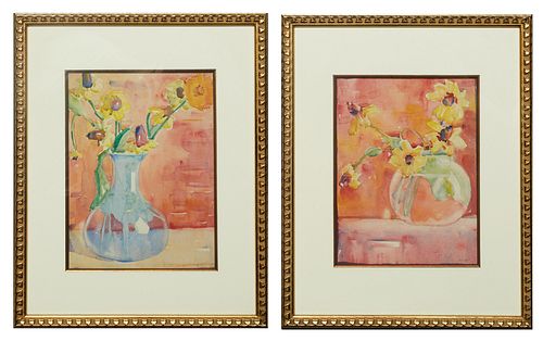 Jane Randolph Whipple (1910-2007, Louisiana), "Still Life of Flowers," 20th c., pair of watercolors on paper, signed lower right, presented in a gilt 