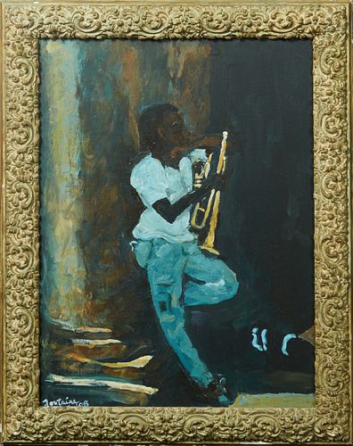 Fontaine (New Orleans), "Horn Player," 2008, oil on canvas, signed and dated lower left corner, presented in a wood frame, H.- 23 in., W.- 17 1/8 in.,