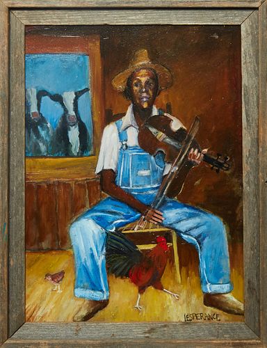 Linda Lesperance (New York/New Orleans), "Little Red Rooster," 20th c., oil on canvas, signed lower right, presented in a wood frame, H.- 24 in., W.- 
