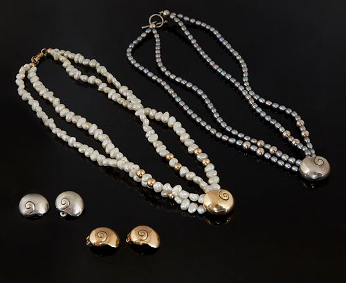 Six Pieces of Mignon Faget Jewelry, 20th c., New Orleans, consisting of a pair of sterling snail clip earrings, and a matching sterling and double str