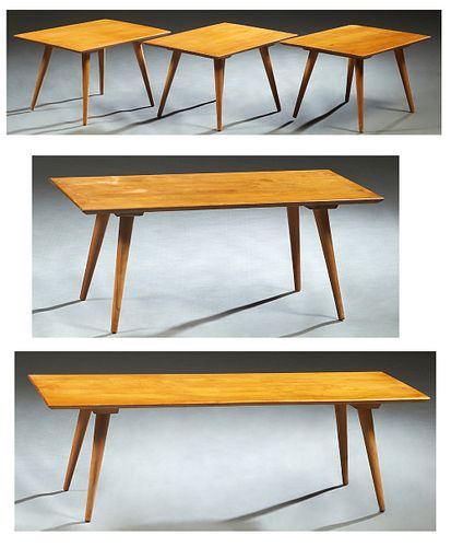 Group of Five Paul Mccobb MCM Birch Furniture, consisting of three end tables, a coffee table and a bench, the bench marked "Winchedon Modern," No 154