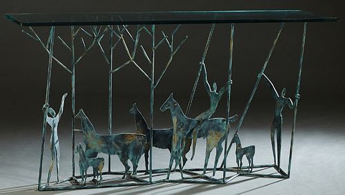 Mario Villa (1953-, Nicaragua/ New Orleans), glass and steel console table, 20th c., the thick glass top on tubular steel supports with horizontal fig
