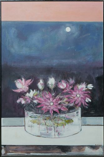 Althea Dodson Tanner (1918-2014, New Orleans), "Moonlight and Water Lilies," 20th c., acrylic on canvas, signed lower right, presented in a silver met