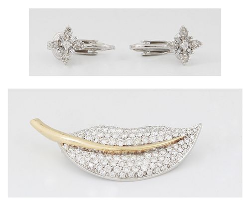 Vintage 18K Yellow and White Gold Leaf Brooch, mounted with numerous small diamonds; together with a pair of diminutive white gold clip earrings with 