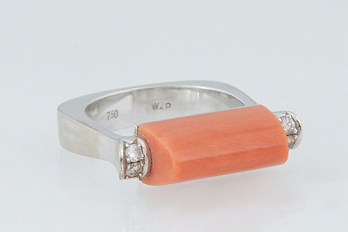 Unusual Vintage Lady's 18K White Gold Square Dinner Ring, with a polished pink coral slab, flanked by small diamond mounted lugs, atop the U-shaped ba