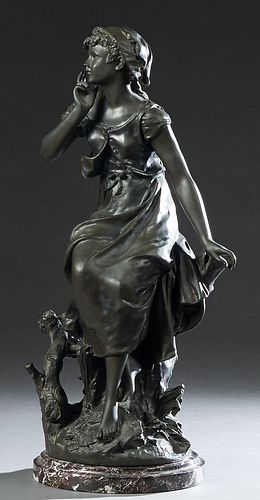After Hippolyte Moreau (1832-1927, French), "Seated Woman on a Tree," late 20th c., patinated bronze, on an integral stepped circular base, H.- 28 in.