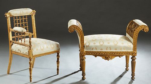 American Carved Giltwood Upholstered Window Seat and Side Chair, 19th c., the side chair with one arm and a lion carved bobbin turned latticed back, t