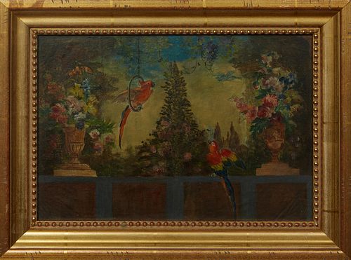 Continental School, "Macaws in the Garden," early 20th c., oil on canvas laid to board, unsigned, presented in a faux gold leaf frame, H.- 10 1/2 in.,