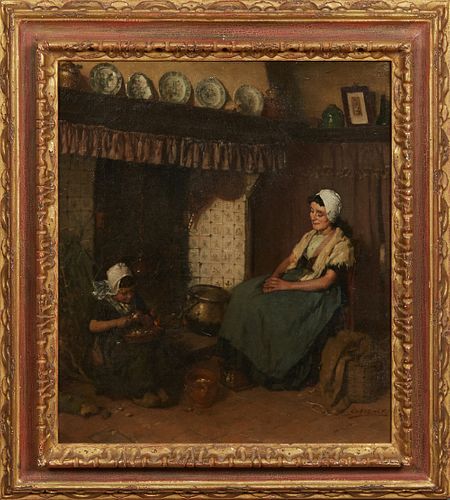 Charles Victor Ensinck (1846-1914, Dutch), "Mother and Child in the Kitchen," 19th c., oil on canvas, signed lower right, presented in a carved gilt f