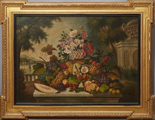 Dutch School, "Still Life of Fruit and Flowers," 17/18th c., oil on canvas, presented in a gilt and gesso William Kent style frame, H.- 27 3/4 in., W.