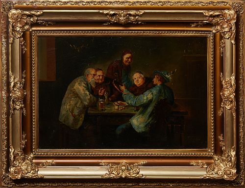 Continental School, "Friars at the Pub," 19th c., oil on canvas, signed indistinctly lower right, presented in a gilt frame, H.- 19 1/2 in., W.- 29 1/