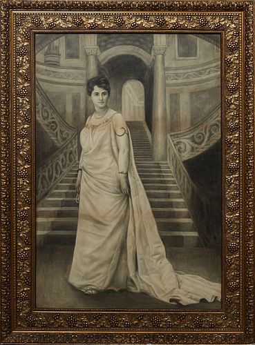 American School, "Lady on the Stairs," c. 1880, charcoal, unsigned, presented in a wide period relief grape leaf and bunch frame, H.- 47 3/4 in., W.- 
