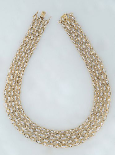 18K Yellow Gold Link Necklace, with five parallel strands, each of the sixty links with a round 3 point diamond mounted link, over an oval link with t