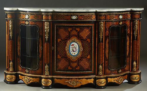 Impressive French Louis XV Style Bombe Marquetry Inlaid Mahogany Marble Top Ormolu Mounted Bowfront Parlor Cabinet, 19th c., the serpentine stepped fi