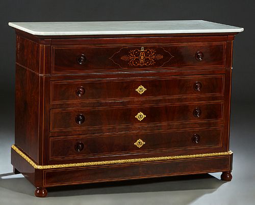 French Ormolu Mounted Marquetry Inlaid Mahogany Marble Top Secretary Commode, 19th c., and later, the canted corner white marble over a fall front sec