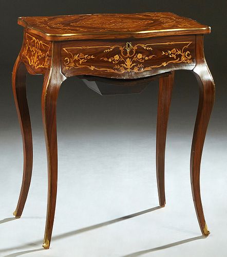 French Louis XVI Style Ormolu Mounted Marquetry Inlaid Rosewood Work Table, 19th c. and later, the brass bound top with an interior mirror, with open 