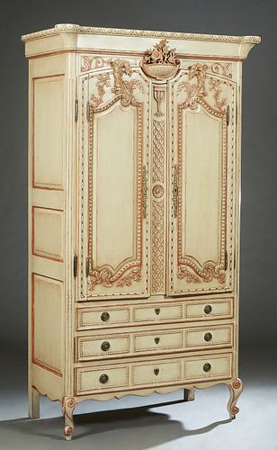 French Louis XV Style Polychromed Armoire, early 20th c, the garland carved crown with cookie corners, over a central floral urn carving, above double