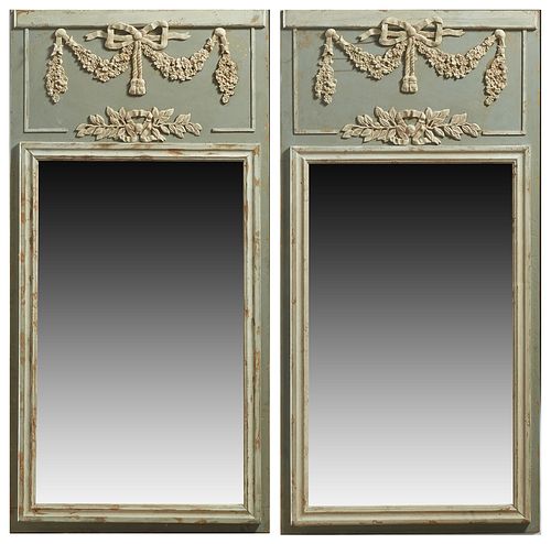 Pair of Louis XVI Style Polychromed Trumeau Mirrors, 20th c., the top with a relief bow, garland and leaf relief frieze, over a rectangular plate with