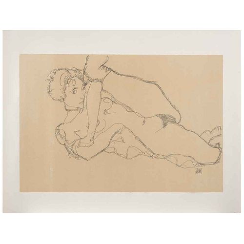EGON SCHIELE, Nu la jambe levée, Signed on plate, Lithography without print number, posthumous edition, 21.2 x 14.3" (54 x 36.5 cm)